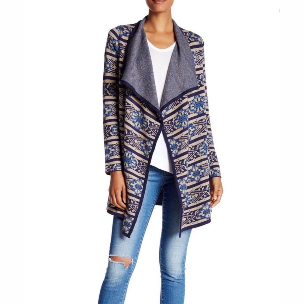 Lucky Brand Blue & Cream Aztec‎ Pattern Open Cardigan Sweater, Sz S